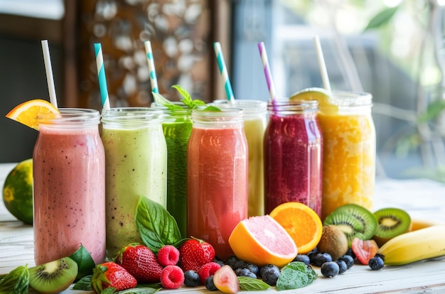 Una variedad de batidos de frutas frescas servidos en una mesa de madera