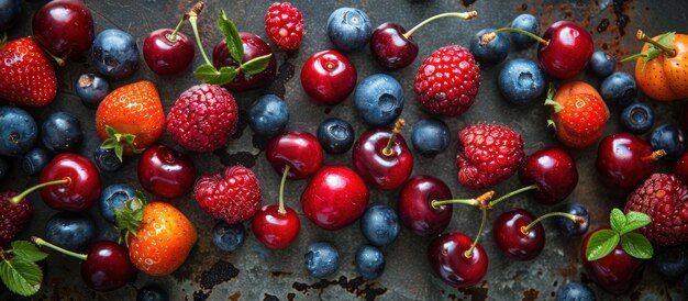 Una variedad de bayas y cerezas en la mesa