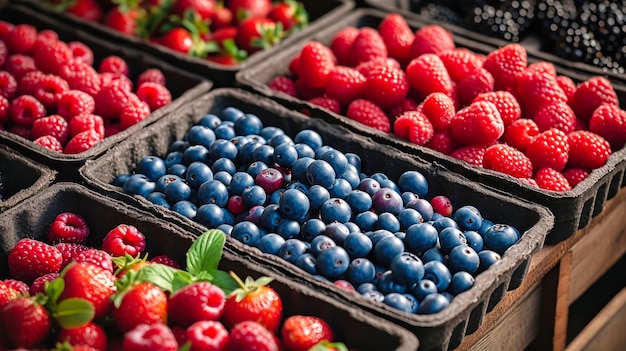 Una variedad de bayas y fresas expuestas en bandejas