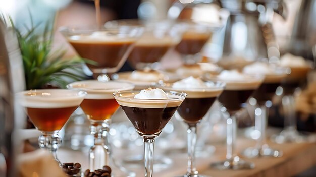 Foto una variedad de bebidas de café están alineadas en una barra las bebidas están en vasos de martini y tienen diferentes colores y consistencias