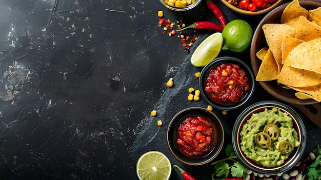 Una variedad de bocadillos mexicanos preparados en una superficie oscura con ingredientes frescos