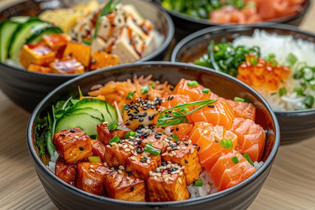 Foto variedad de bolos de poke con atún, salmón y tofu en arroz con verduras