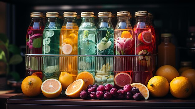 Variedad de botellas de refrescos de colores en refrigeradorgenerativo ai