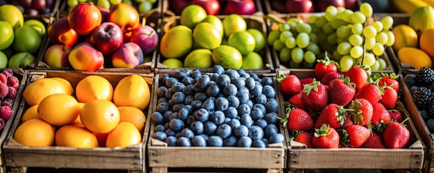 Una variedad de cajas de frutas en el mercado