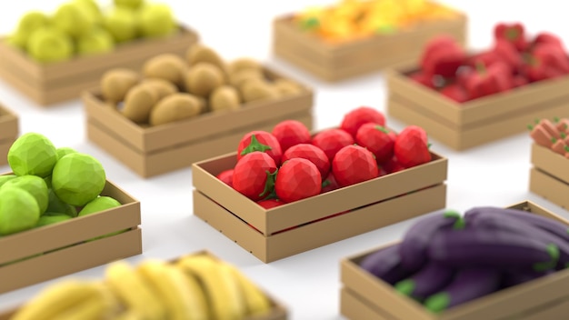 Una variedad de cajas llenas de frutas y verduras poligonales en una representación 3d de fondo blanco