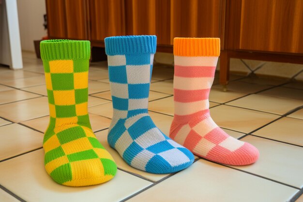 Una variedad de calcetines de colores en un suelo de dos tonos