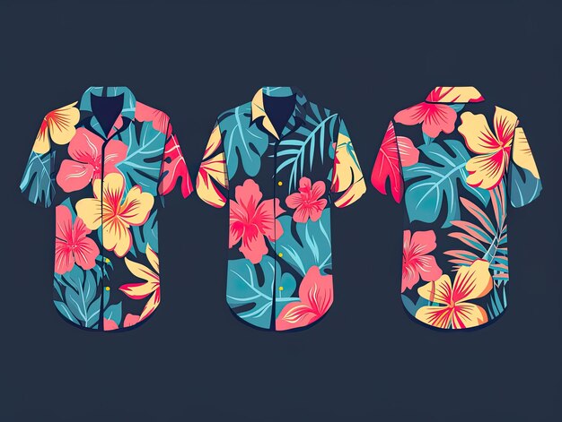 Una variedad de camisas hawaianas con patrones florales en tonos azules y rojos sobre un fondo naranja vibrante