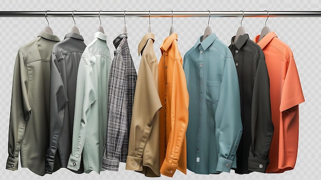 Una variedad de camisas de hombres están colgando en un estante de ropa