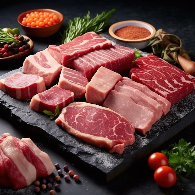 Una variedad de carnes crudas sobre una tabla de cortar de piedra negra con especias y hierbas