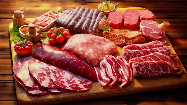 Foto variedad de carnes frías variedad de productos de carne fría procesada sobre un fondo de madera vista superior