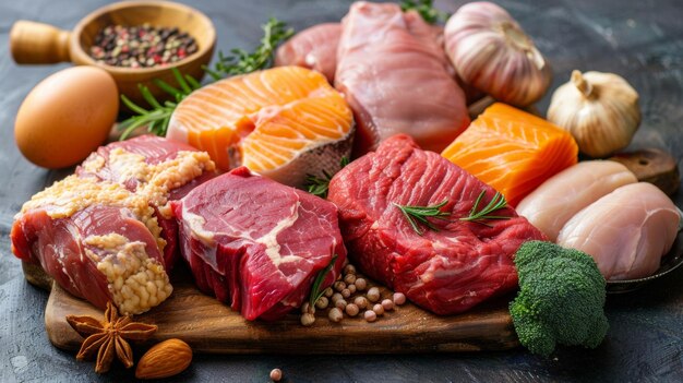 Una variedad de carnes y verduras se exhiben en una tabla de cortar de madera