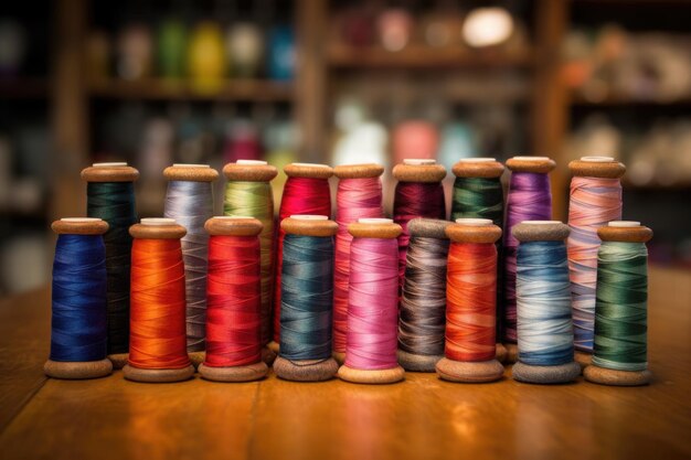 Foto una variedad de carretes de hilo coloridos para costura de mezclilla creados con ia generativa