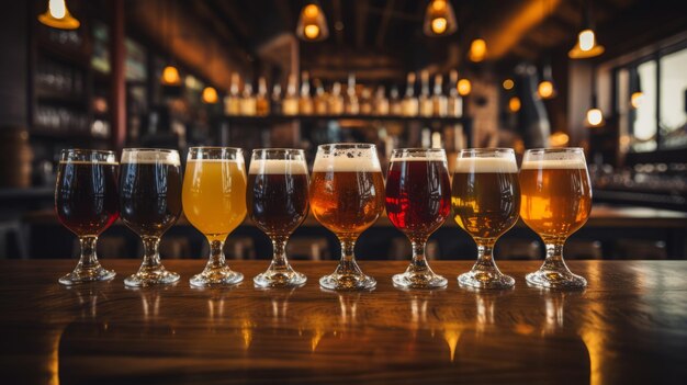 Variedad en las cervezas Los vasos de cerveza artesanal dispuestos en un mostrador del bar