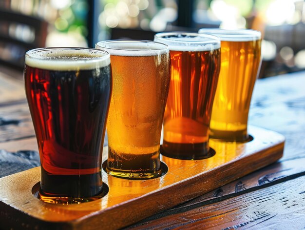 Foto una variedad de cervezas en un vuelo listas para degustar