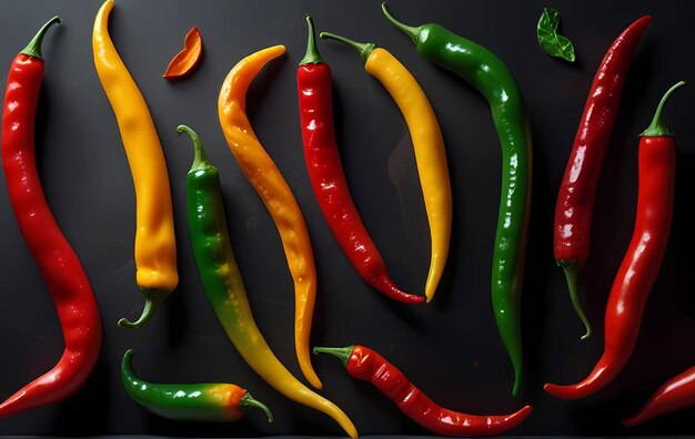 Foto una variedad de chiles coloridos dispuestos sobre un fondo oscuro