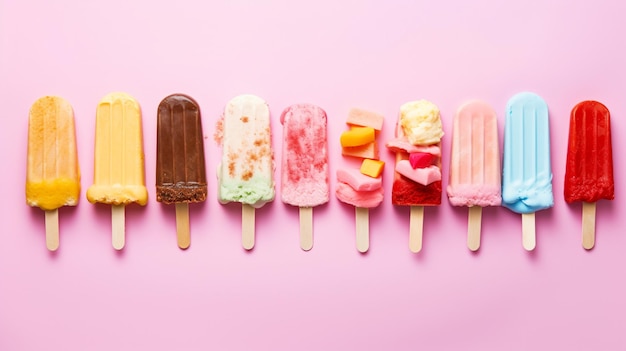 Variedad de chocolate y coloridos helados de verano y golosinas de helado Vista superior IA generativa