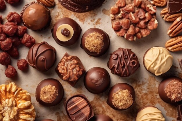 Una variedad de chocolates están sobre una mesa.