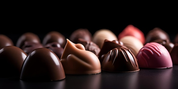 Una variedad de chocolates finos Caramelos de chocolate con varios rellenos generados por IA