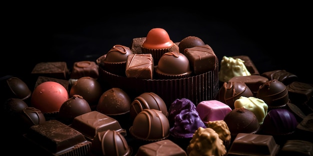 Una variedad de chocolates finos Caramelos de chocolate con varios rellenos generados por IA