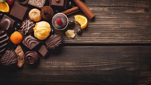 Una variedad de chocolates en una mesa de madera.