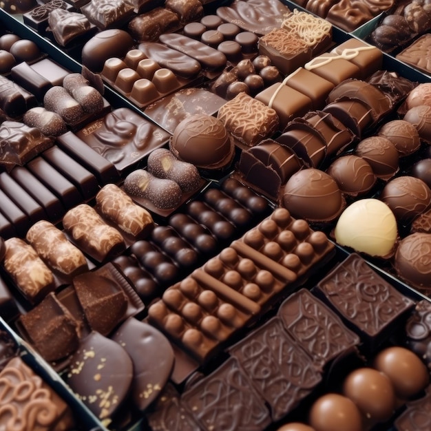Una variedad de chocolates se muestran en una tienda.
