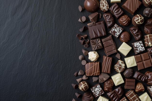 Una variedad de chocolates y nueces artísticamente dispuestos sobre un fondo de pizarra oscura con espacio para copiar a la izquierda