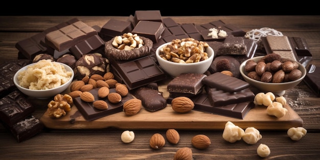 Una variedad de chocolates y nueces están sobre una mesa.