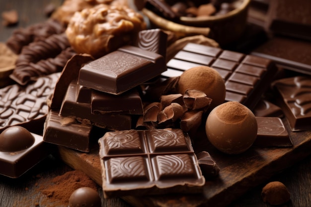 Una variedad de chocolates y otras cosas están sobre una mesa de madera.