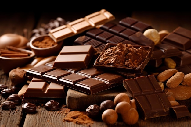 Una variedad de chocolates y otros chocolates en una mesa de madera.