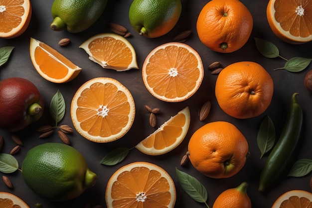 Foto variedad de cítricos, incluidos los limones, las uvas de toronja y las naranjas generativas