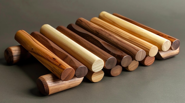 Foto una variedad de clavijas de madera de diferentes longitudes y diámetros están dispuestas en un patrón escalonado sobre un fondo de color sólido