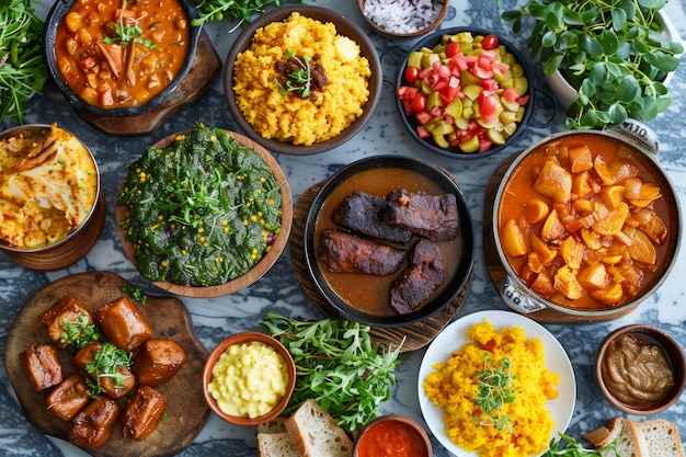 Una variedad de cocina internacional extiende varios platos y aperitivos en la mesa de comedor.