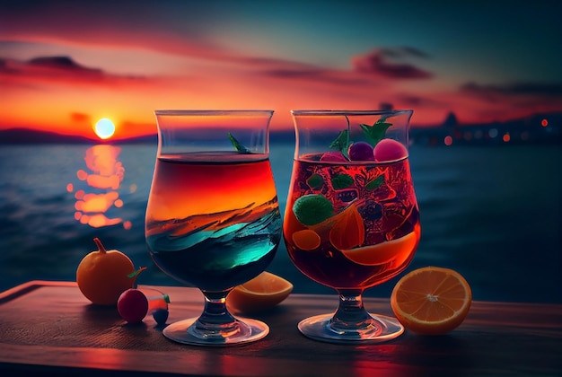 Una variedad de cócteles alcohólicos con la playa al atardecer en la ilustración de fondo AI generativa