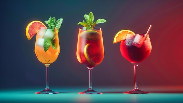 Variedad de cócteles coloridos para fiestas Bebidas de verano refrescantes con frutas y hielo Concepto de bebida festiva