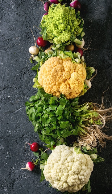 Variedad de coliflor y rábano.