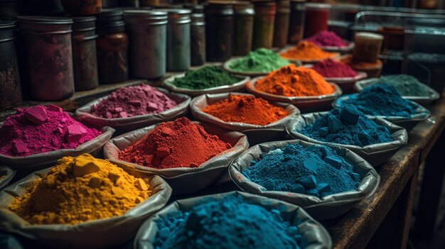 Una variedad de colores se muestran en cuencos, incluido uno de ellos del mercado de especias.