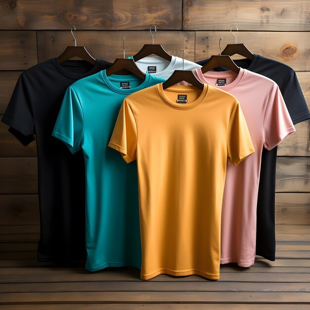 Una variedad colorida de camisetas para caballeros, modelos de prendas de vestir, sesión de fotos en la tienda.