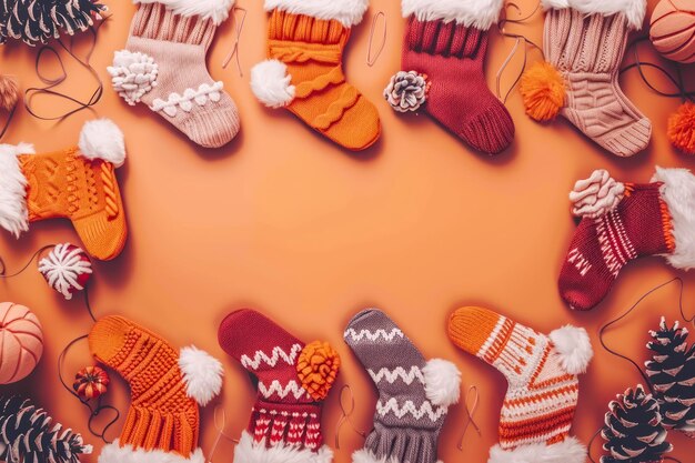 Foto una variedad colorida de cómodas medias de navidad de punto y piñones sobre un fondo cálido naranja