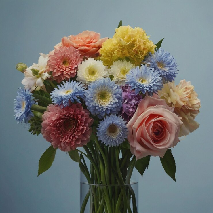 Una variedad colorida de diversas flores organizadas en una superficie azul que simboliza la abundancia