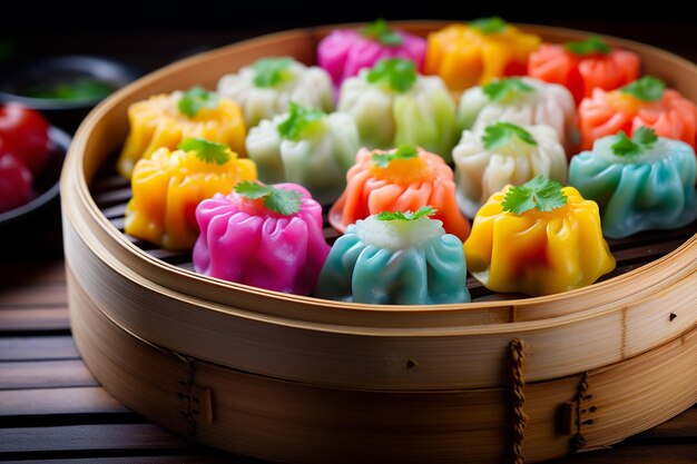 Una variedad colorida de dumplings dim sum dispuestos en un vapor de bambú