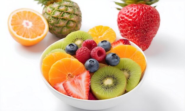 Una variedad colorida de ensalada de frutas frescas en un cuenco blanco en una superficie limpia