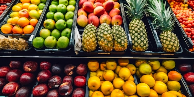 Una variedad colorida de frutas frescas en exhibición en una tienda vibrante Una variedad de frutas están en exposición en una tienda