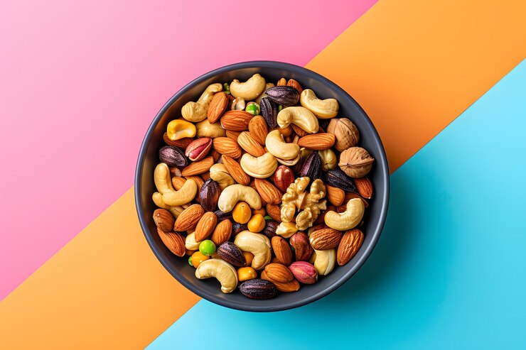 Una variedad colorida de nueces en un cuenco sobre un fondo vibrante