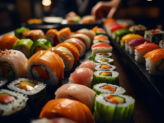 Foto una variedad colorida de rollos de sushi frescos siendo meticulosamente elaborados por un chef de sushi detrás del mostrador