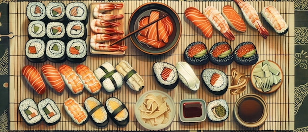 Una variedad colorida de rollos de sushi en una tabla de corte de madera rectangular con palillos y un plato de salsa de soja
