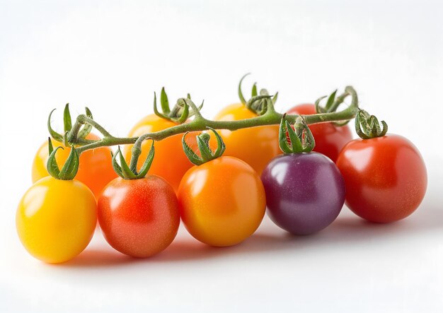 Una variedad colorida de tomates cereza sobre un fondo blanco