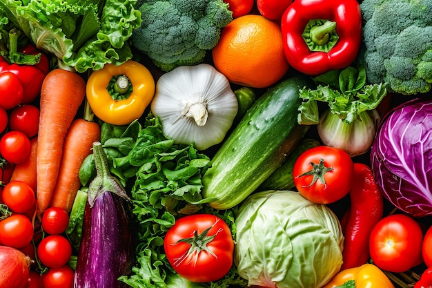 Una variedad colorida de verduras, incluidos pimientos y tomates dispuestos