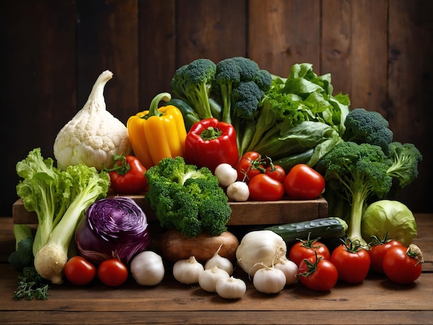 Foto una variedad colorida de verduras en una mesa de madera