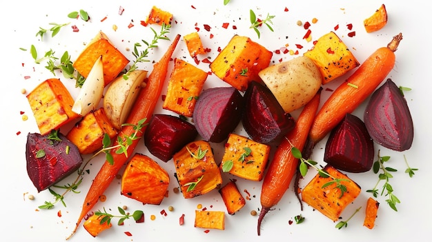 Una variedad colorida de verduras de raíz asadas como zanahorias remolachas y patatas dulces sazonadas con hierbas y aceite de oliva para un plato de acompañamiento nutritivo exhibido sobre un simple fondo blanco