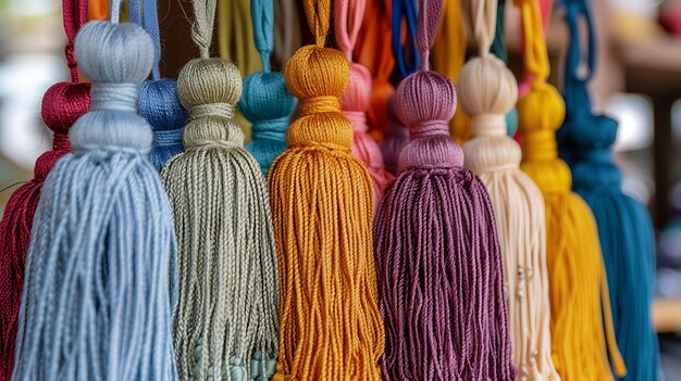 Foto una variedad de coloridas borlas de hilo hechas a mano cuelgan de una cuerda